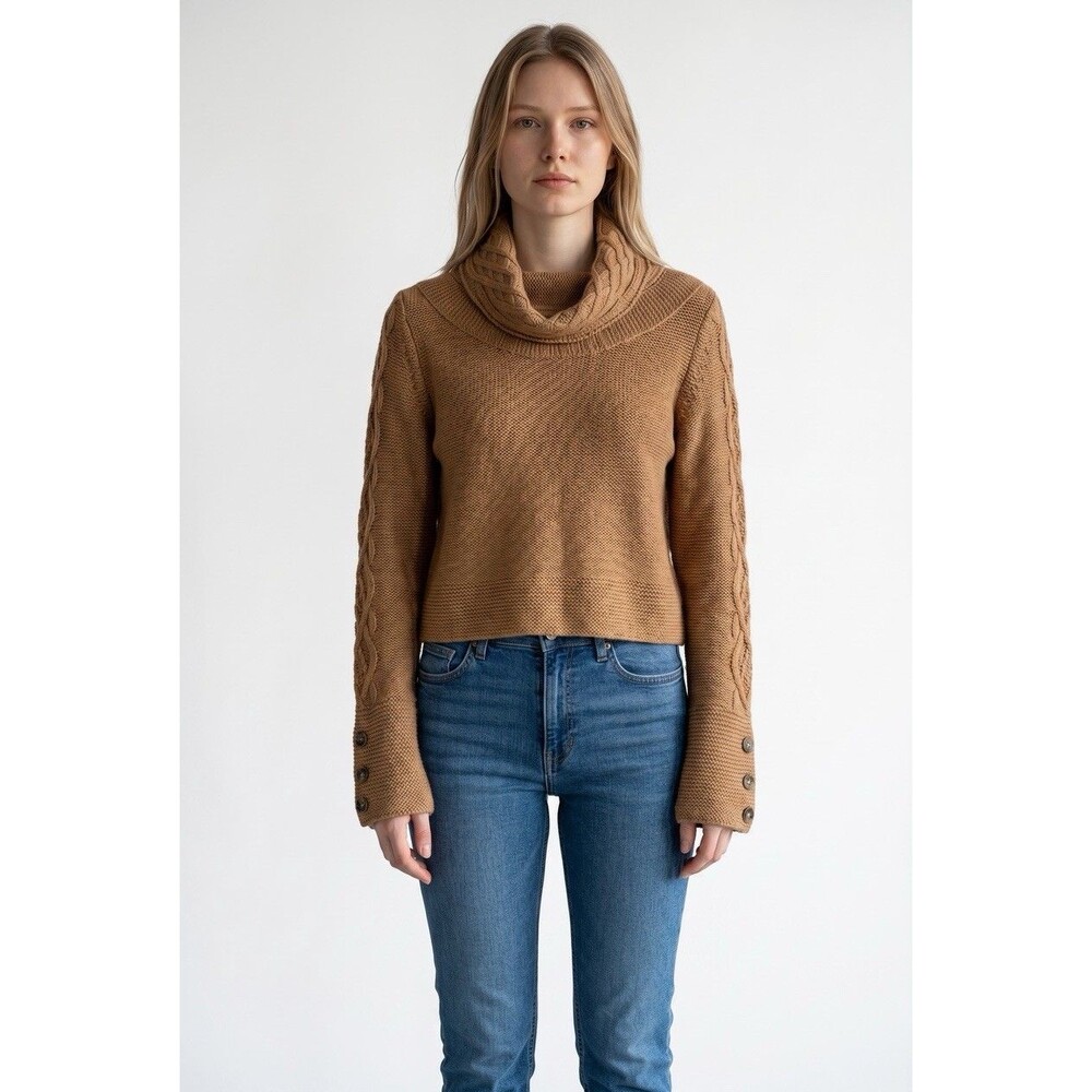 WHITE + WARREN 100% Cashmere Sweater Camel Turtleneck Cableknit Sleeves Buttons